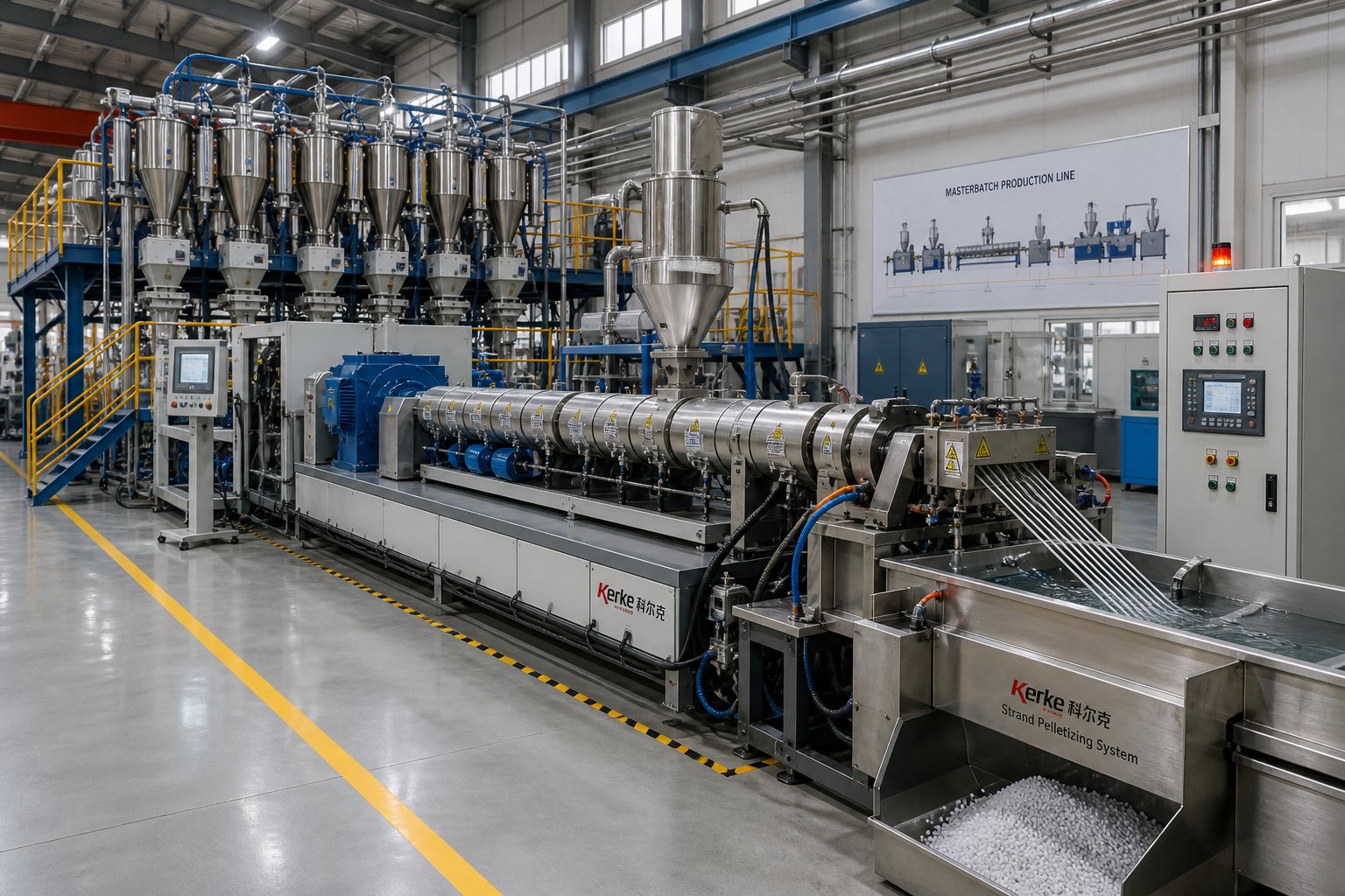 a complete masterbatch extrusion line from gravimetric feeding through compounding to strand pelletizing