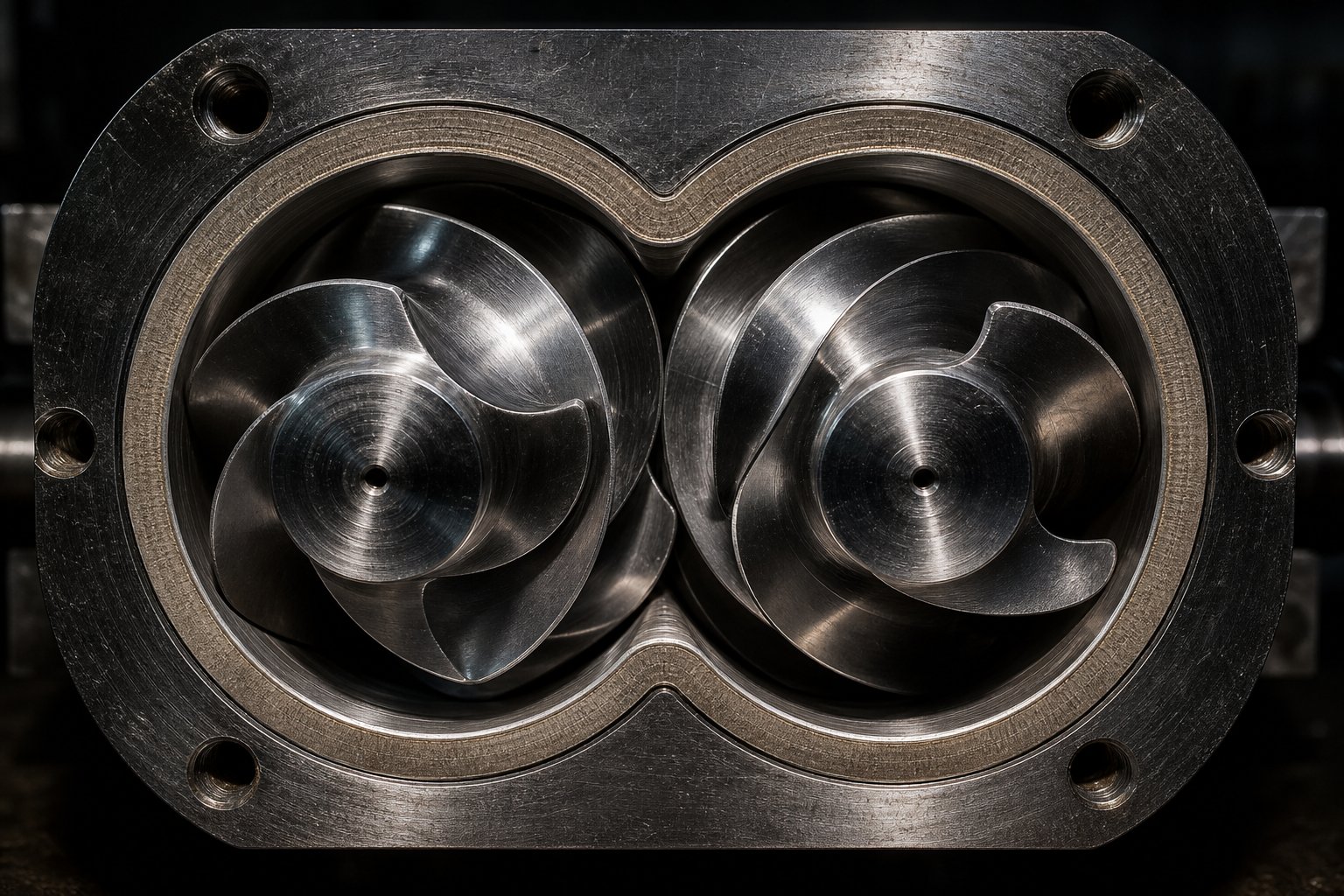 cross section view of a parallel twin screw barrel showing the intermeshing bore geometry and wear resistant liner