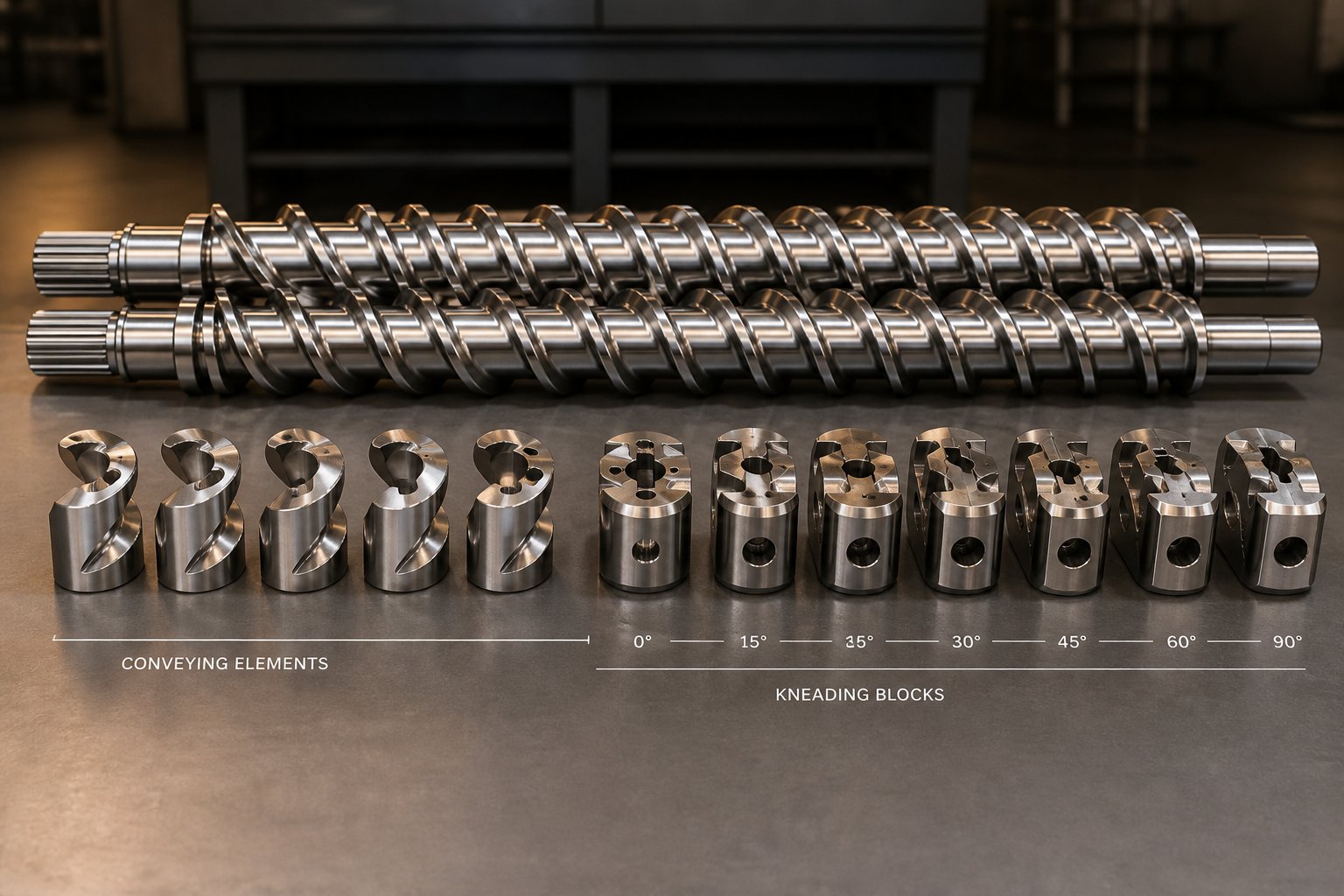 modular screw elements and kneading blocks arranged to illustrate a typical twin screw extruder profile layout