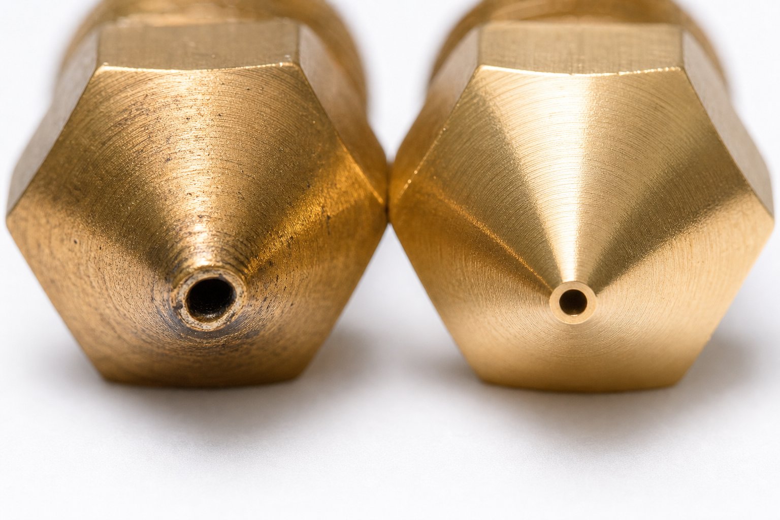 comparison of a worn brass nozzle with an enlarged oval bore versus a new nozzle with a perfectly round orifice