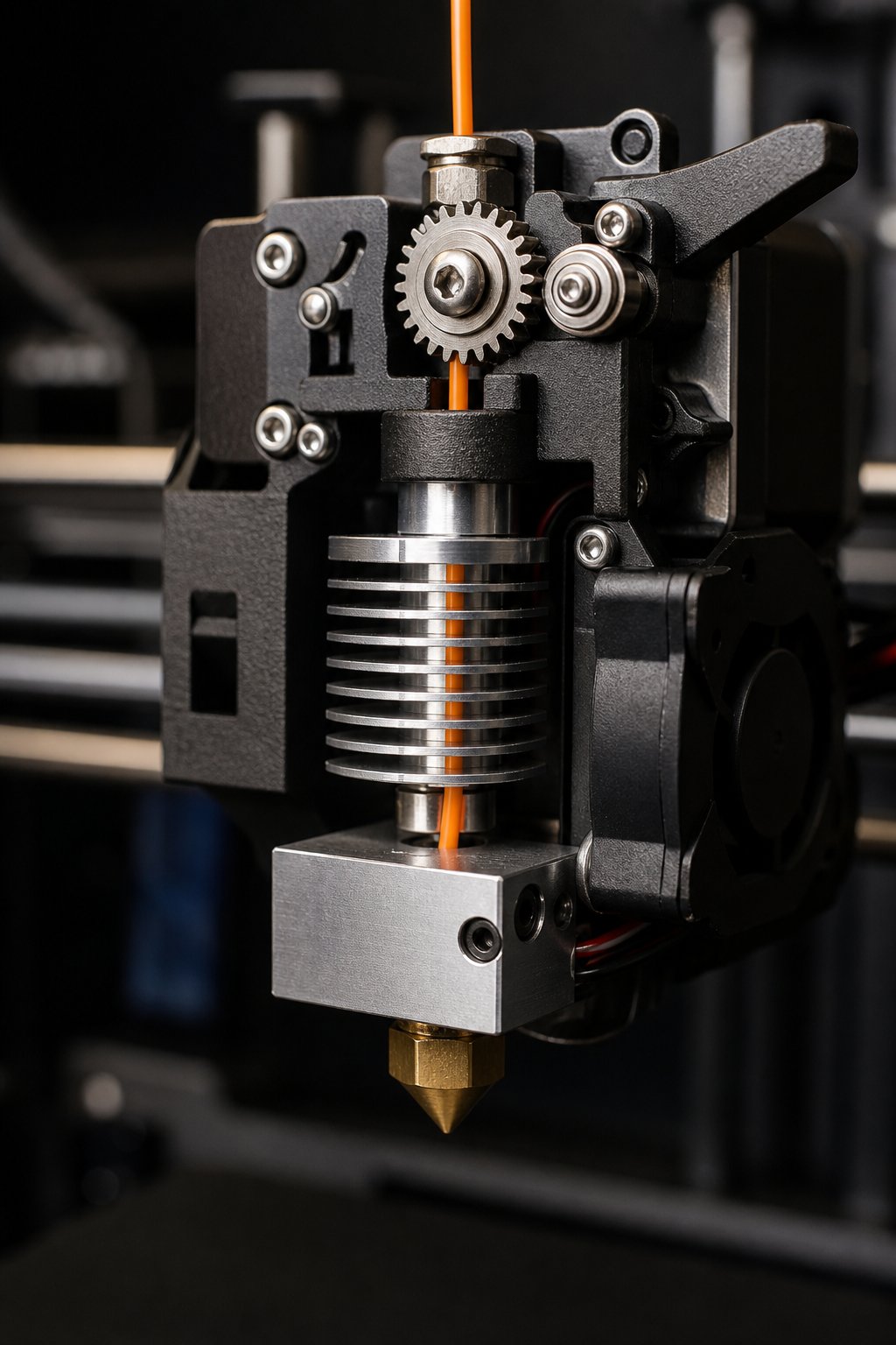 complete 3d printer extruder assembly showing drive gear heatsink heat block and brass nozzle