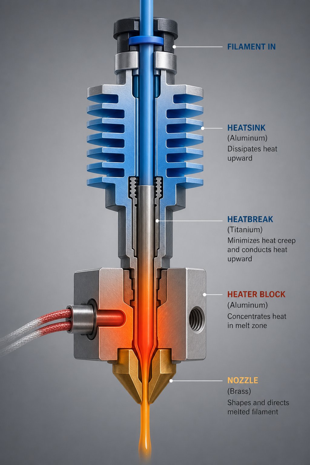cutaway view of a 3d printer hotend illustrating the filament path through the heatsink heatbreak heat block and nozzle