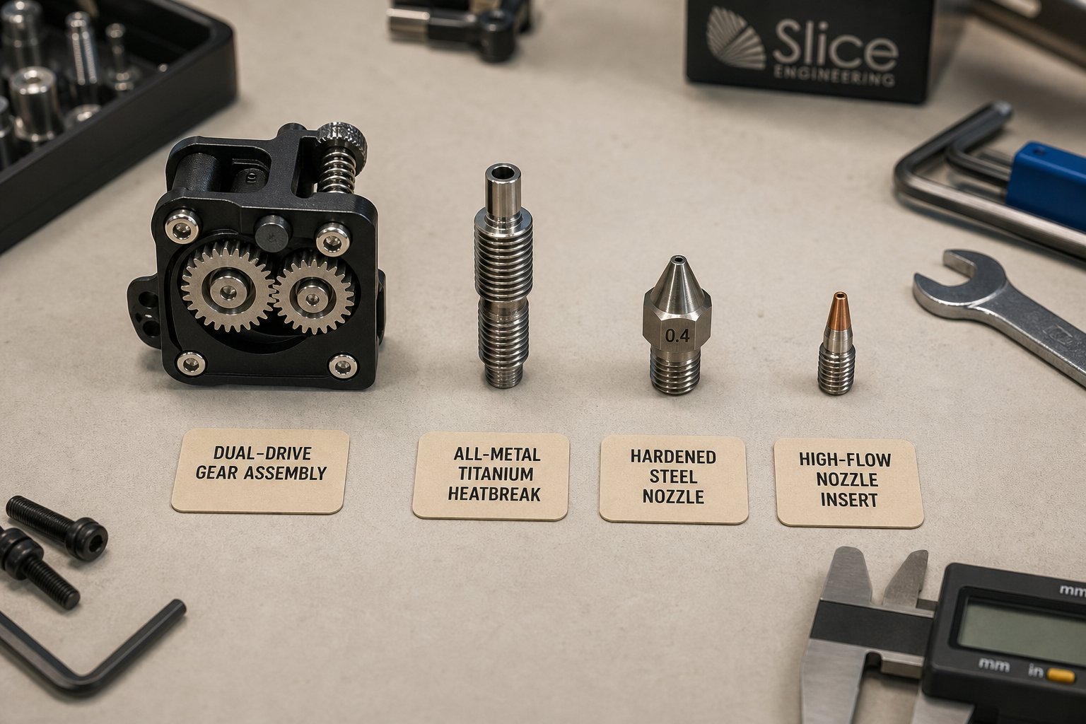 essential extruder upgrade components including dual drive gears all metal heatbreak hardened nozzle and high flow nozzle insert