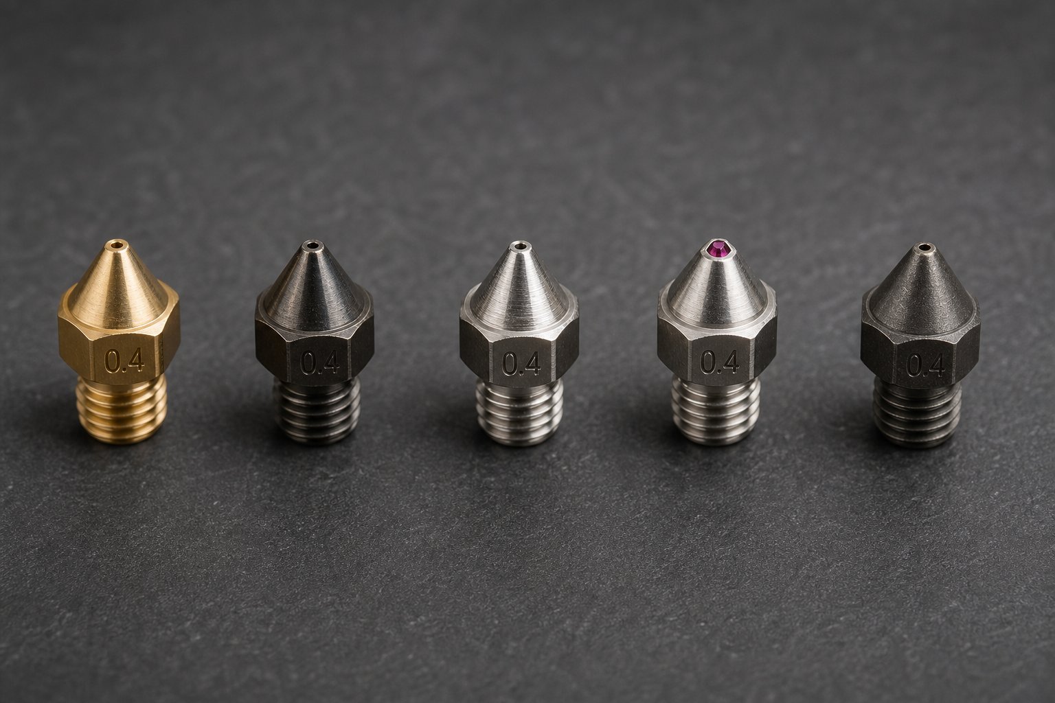 five 3d printer nozzle types side by side %E2%80%94 brass hardened steel stainless steel ruby tipped and tungsten carbide