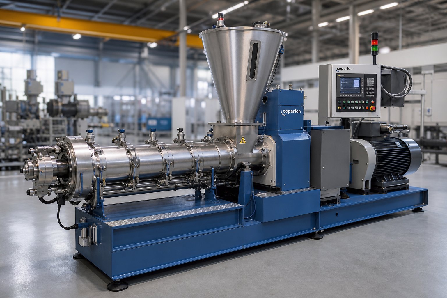 conical twin screw extruder on a factory floor showing the tapered barrel feed hopper and drive system