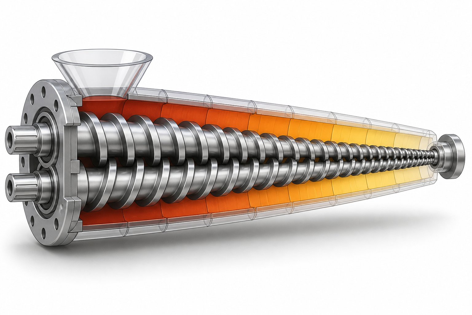cutaway view of conical twin screws inside a tapered barrel illustrating the compression zones from feed to discharge