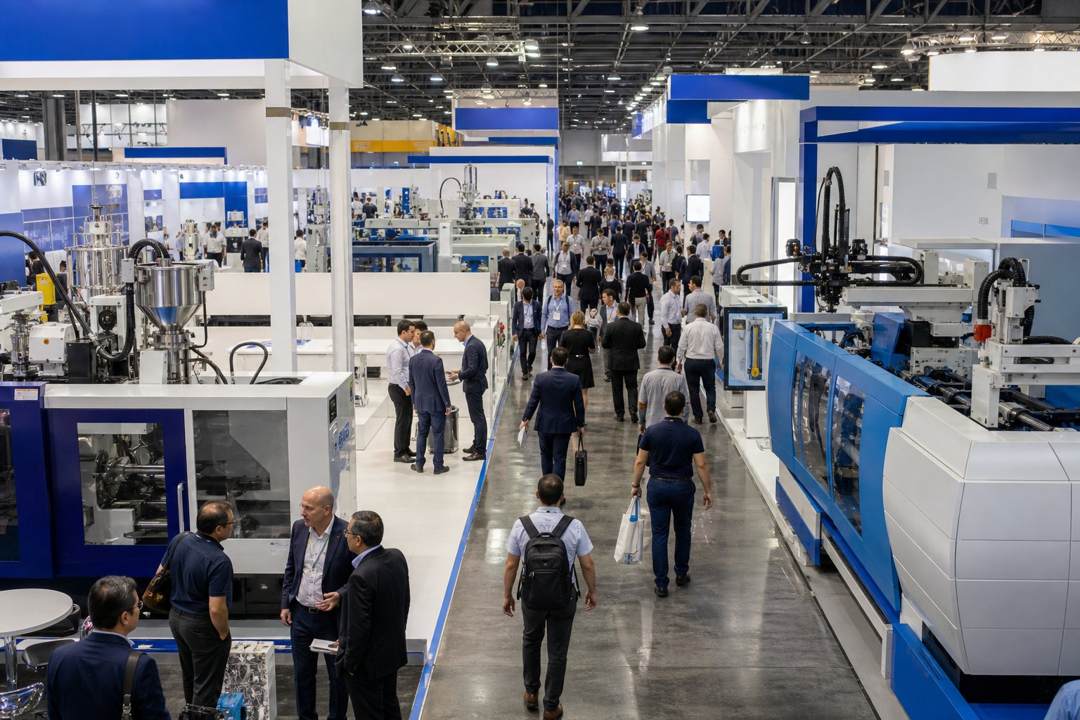 international plastics machinery trade show where buyers evaluate conical twin screw extruders from multiple manufacturers