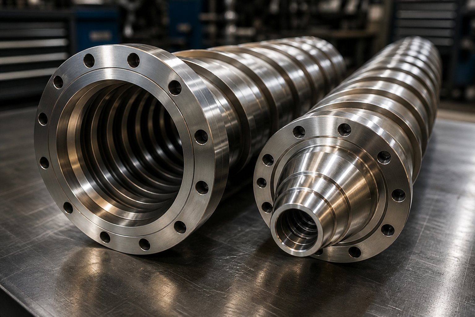 polished conical twin screw barrels with bimetallic alloy lining showing tapered bore geometry from feed to discharge end