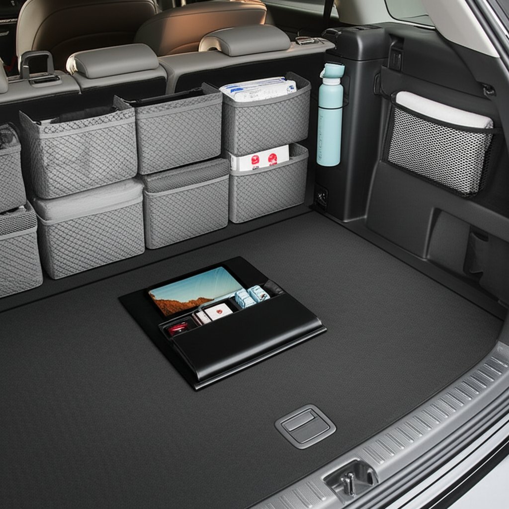 car trunk and cabin organized with storage solutions for different needs