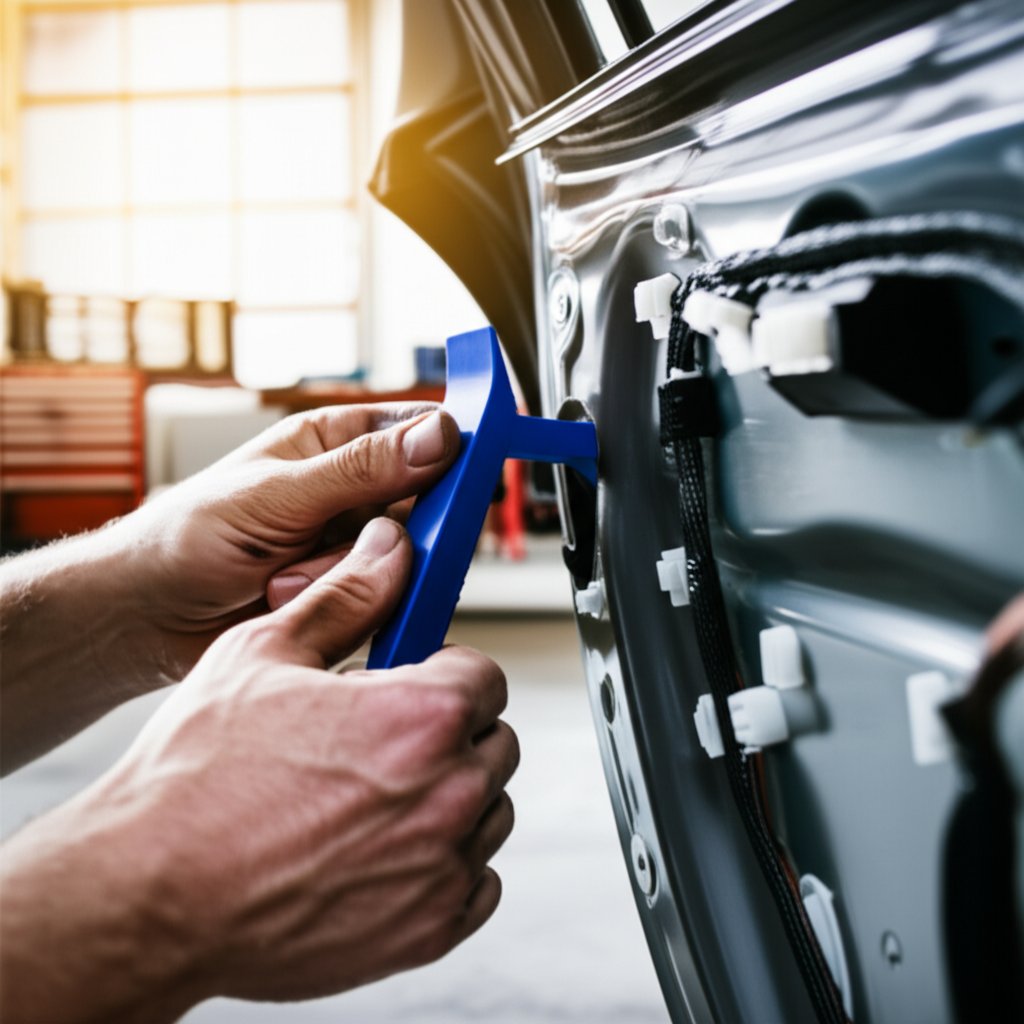 troubleshooting car interior removing door panel and inspecting fasteners