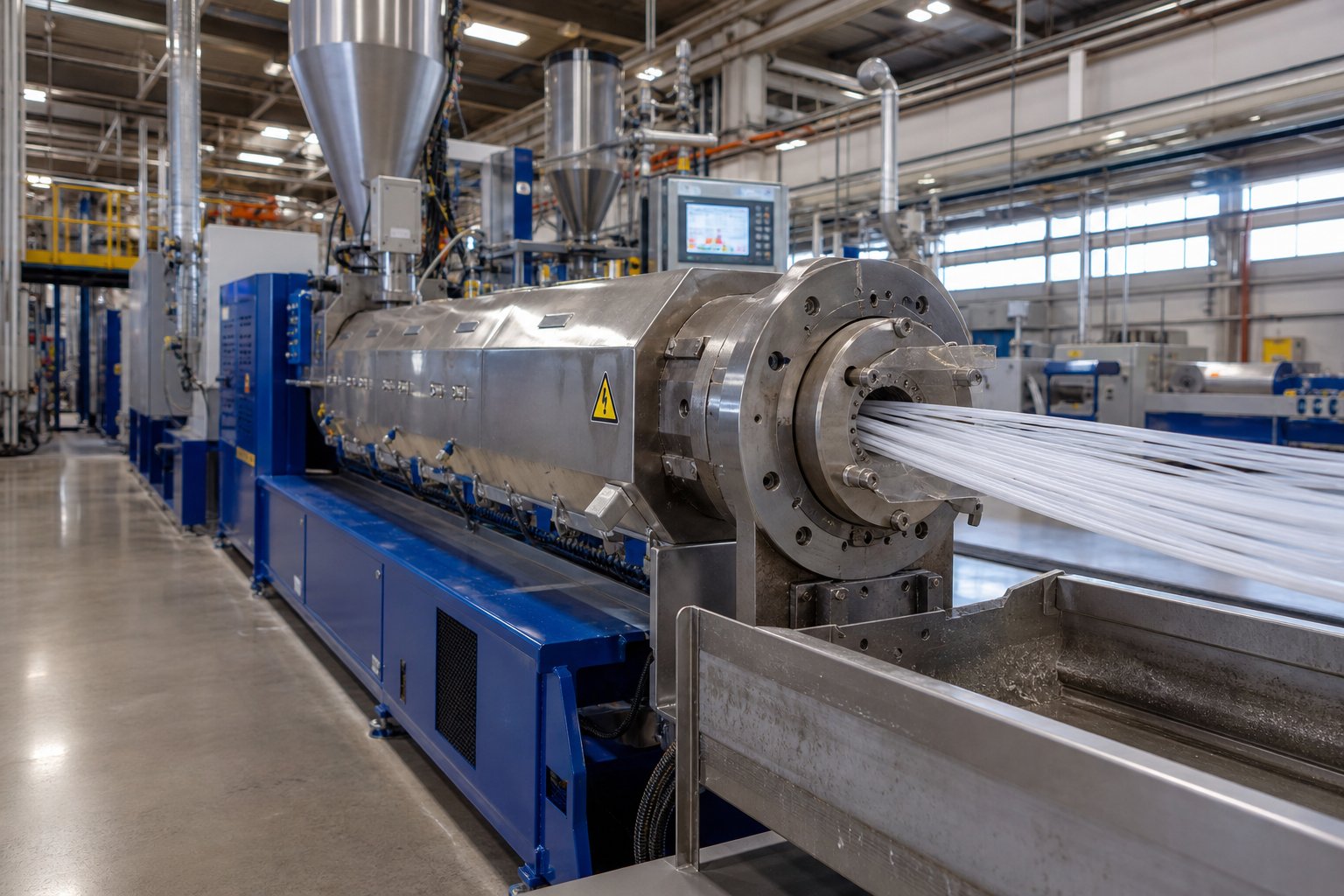 a twin screw extruder running molten polymer strands on a modern plastic compounding production line