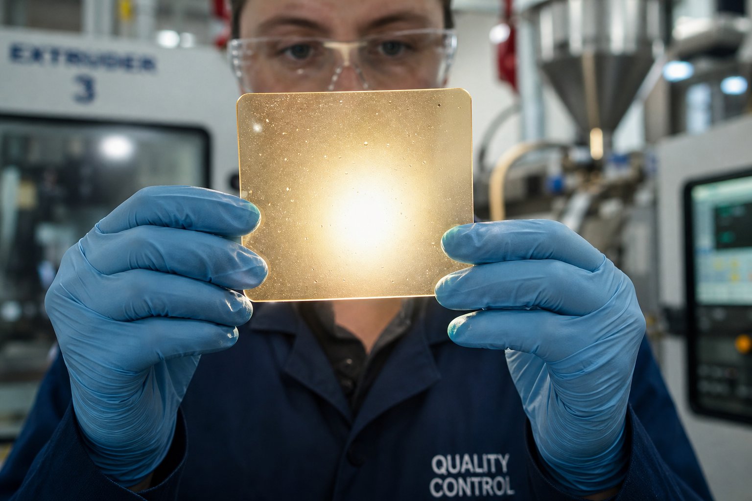 quality inspection of a pressed plastic plaque checking for dispersion defects like gels and specks