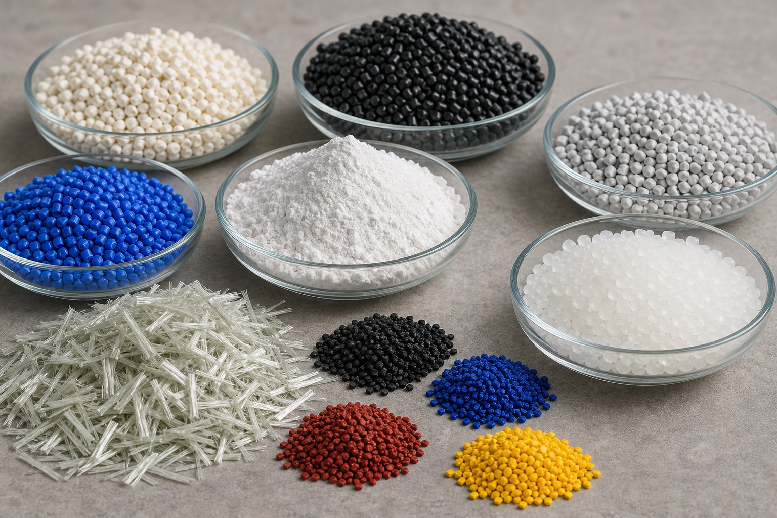 raw compounding ingredients including polymer pellets mineral fillers glass fibers and pigment granules