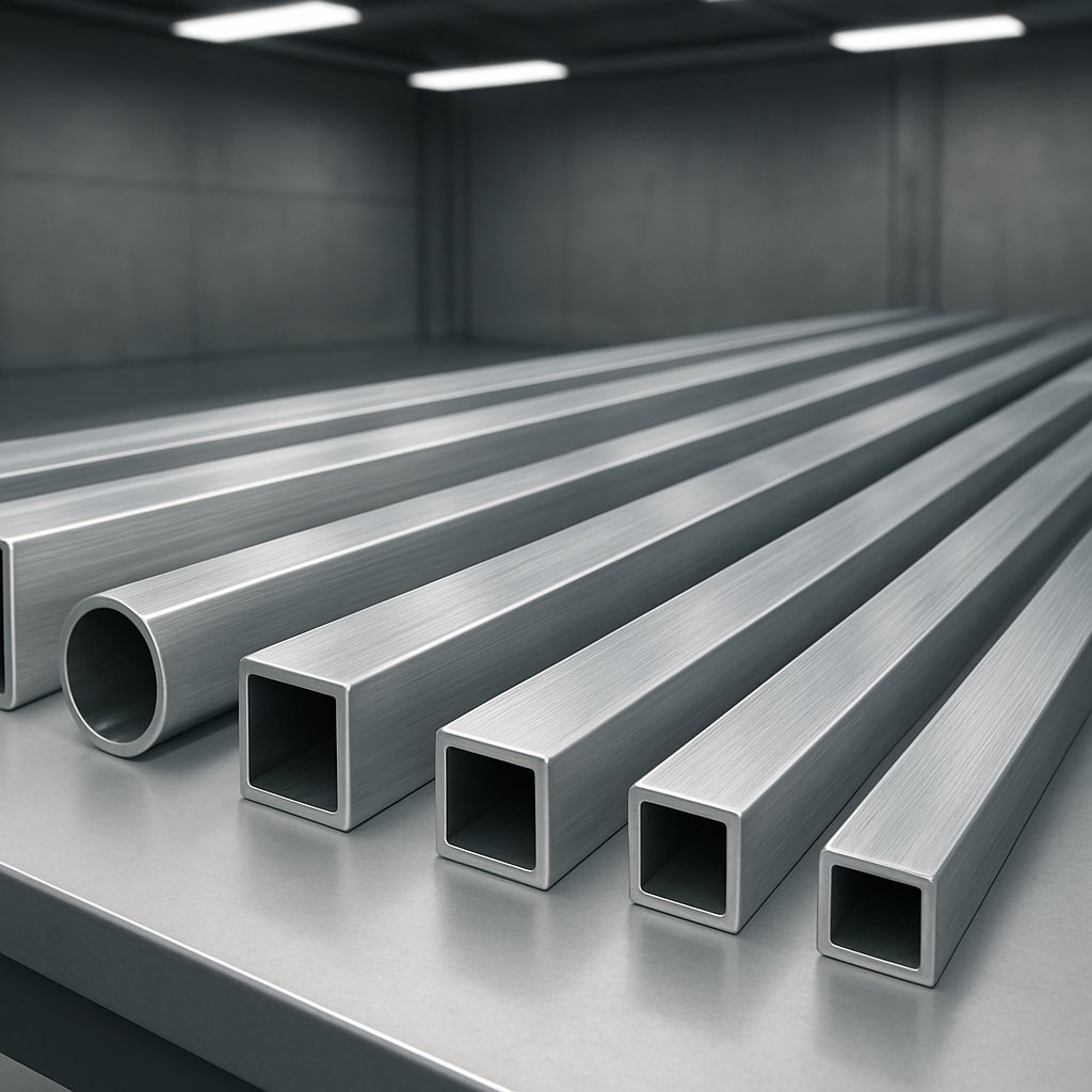 round square and rectangular aluminum tube profiles in a clean industrial setting