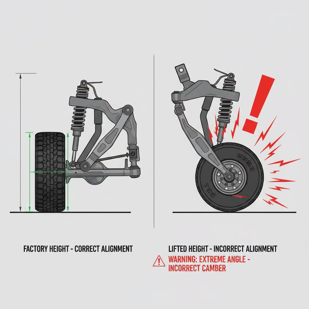 visual representation of how a lift kit affects stamped steel control arms and wheel alignment