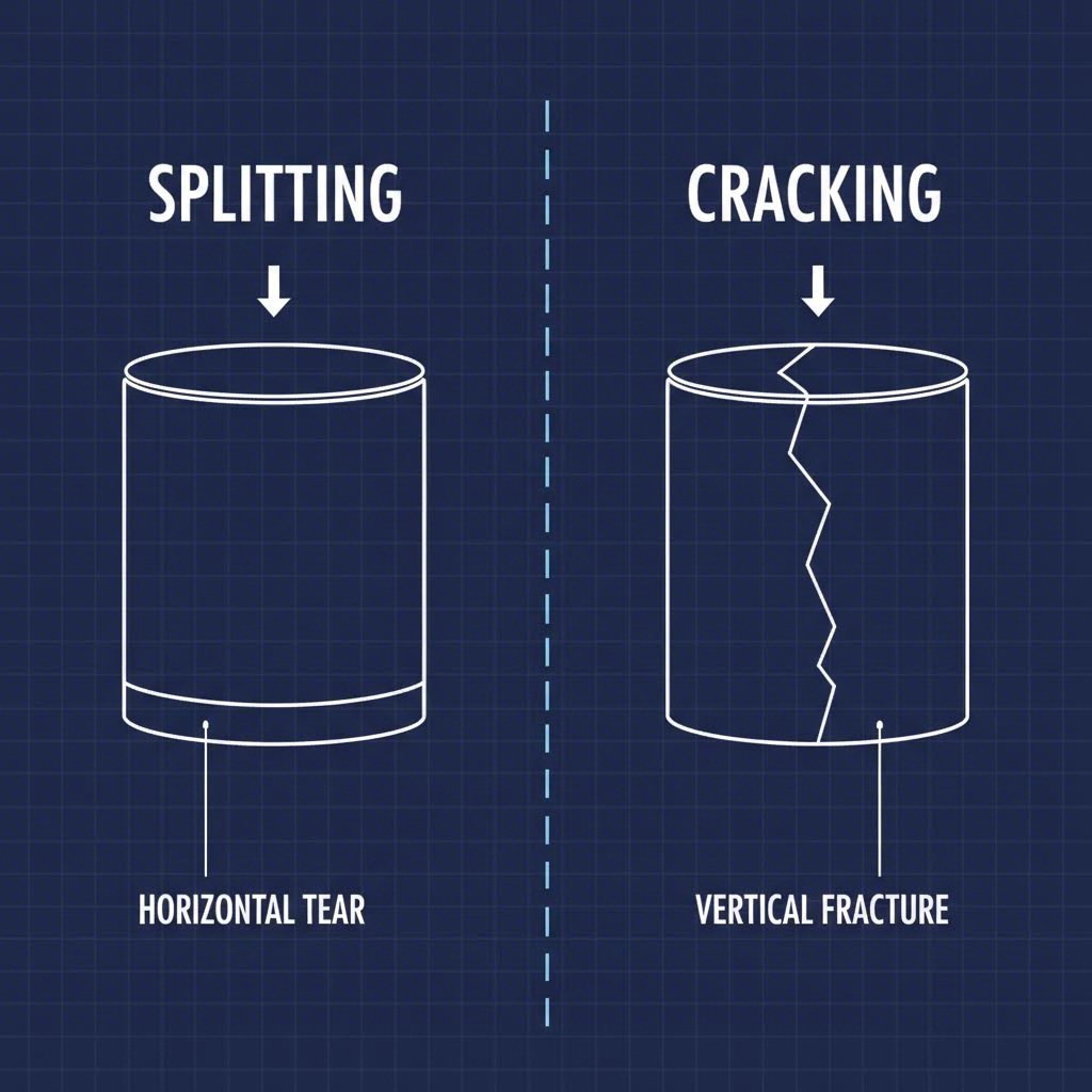Visual comparison of tensile splitting versus compressive cracking defects