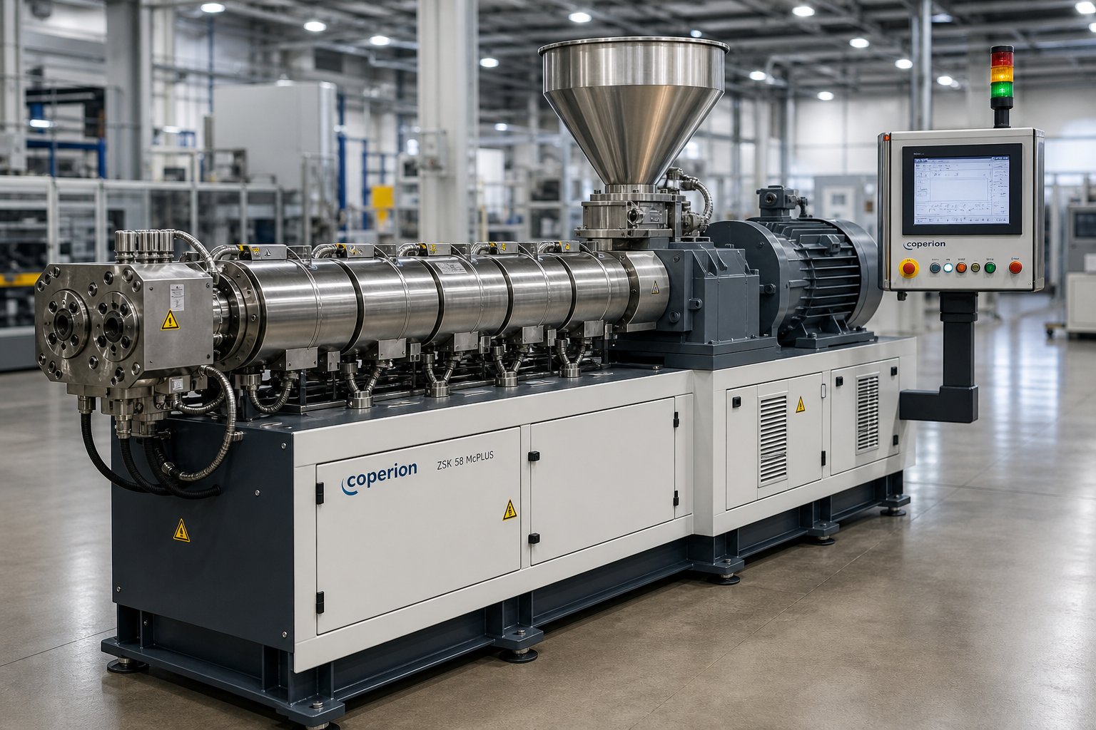 co rotating parallel twin screw extruder setup on a modern compounding production line
