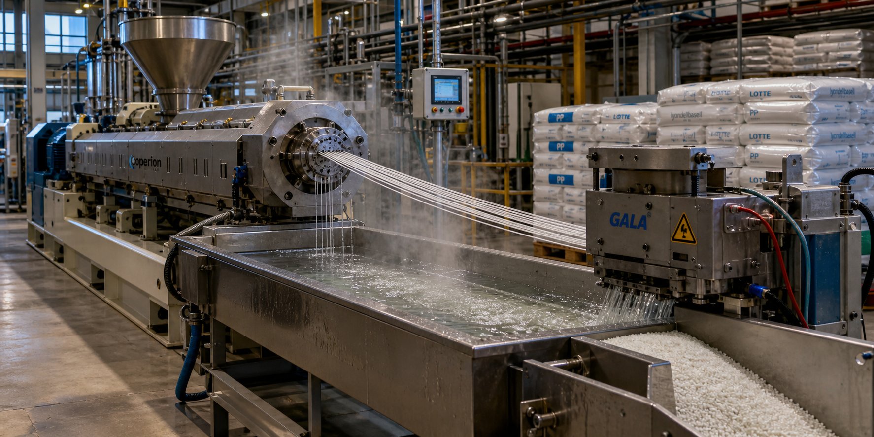polymer compounding line with twin screw extruder producing pellets through strand cutting