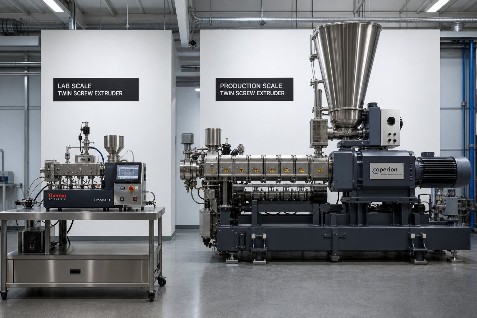 scale comparison between a laboratory twin screw extruder and a full production machine