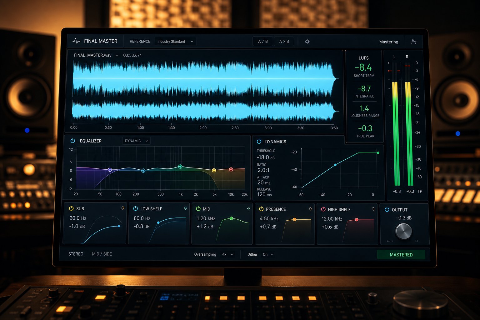 ai mastering interface applying final polish to a duration edited music track