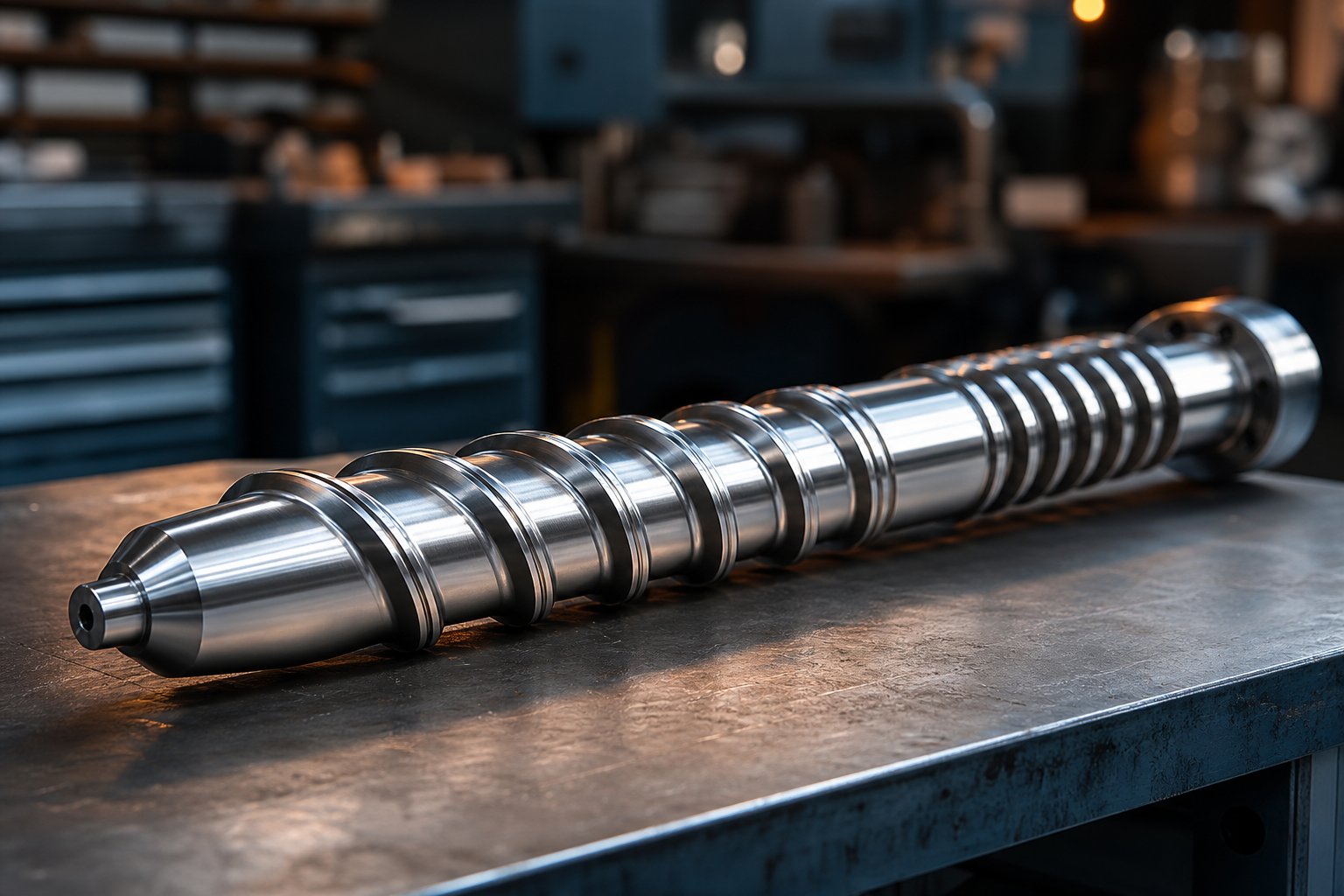 a precision machined plasticizing screw showing the helical flight geometry critical to polymer melt quality in injection molding