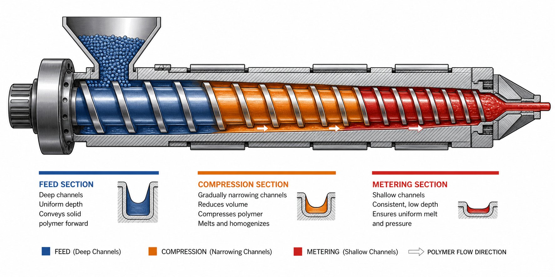 cutaway view of a plasticizing screw's three functional zones feed compression and metering sections inside the barrel