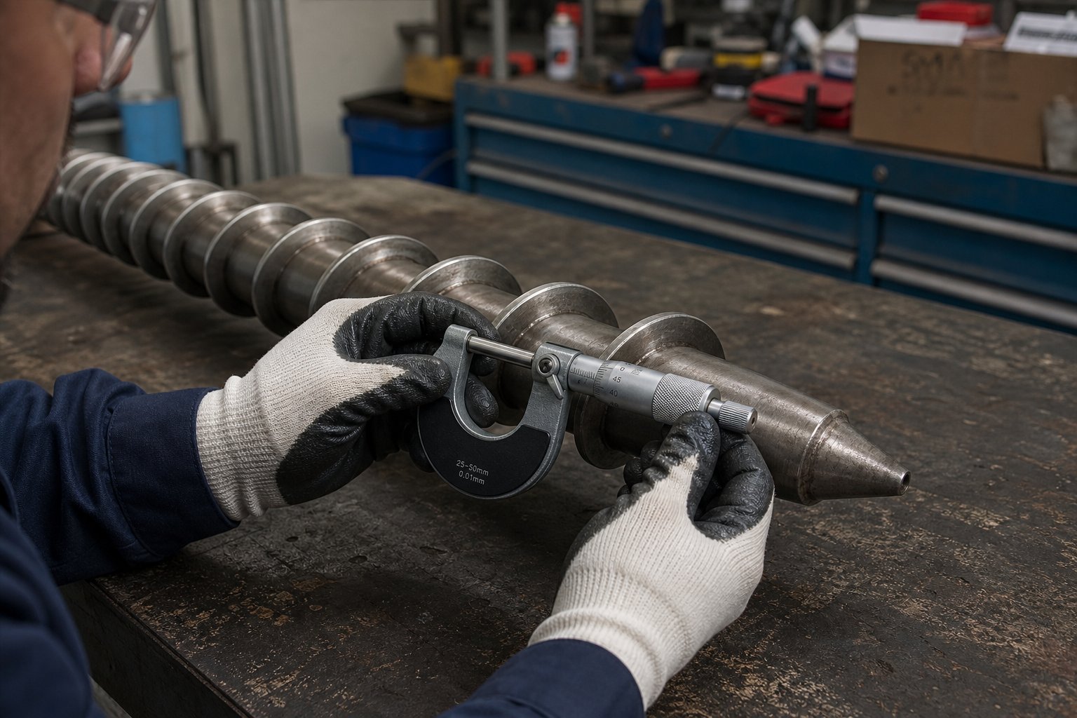 measuring screw flight diameter with a micrometer helps identify wear that causes shot inconsistency and melt quality problems