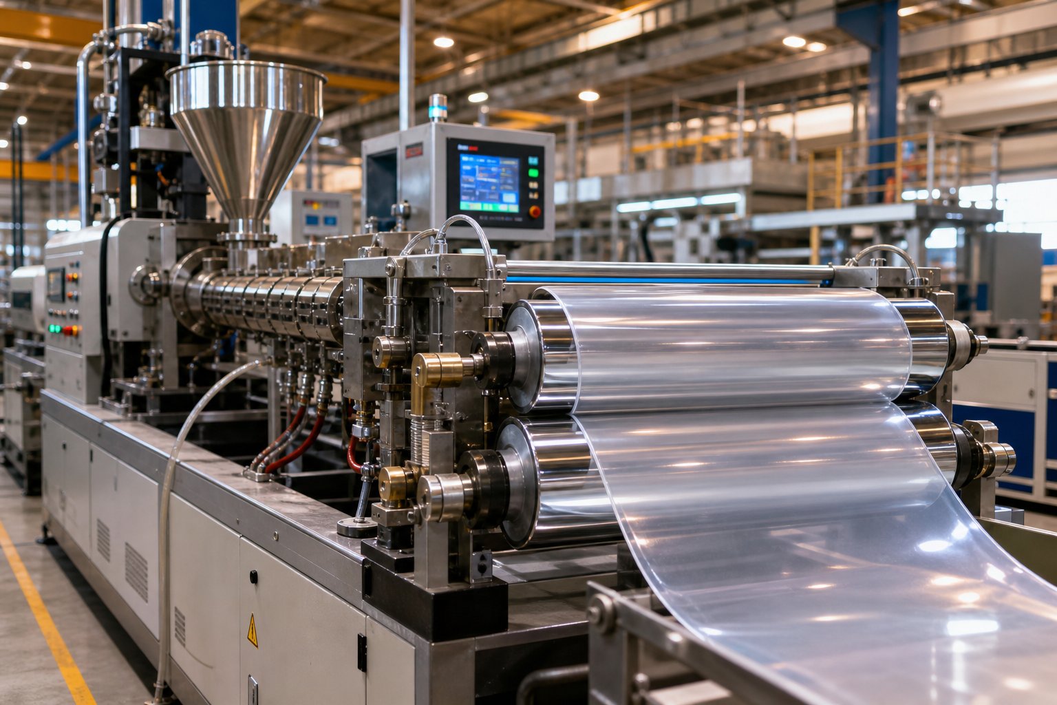 a complete pvc sheet extrusion line showing the extruder flat die and three roll polishing stack producing a continuous flat sheet