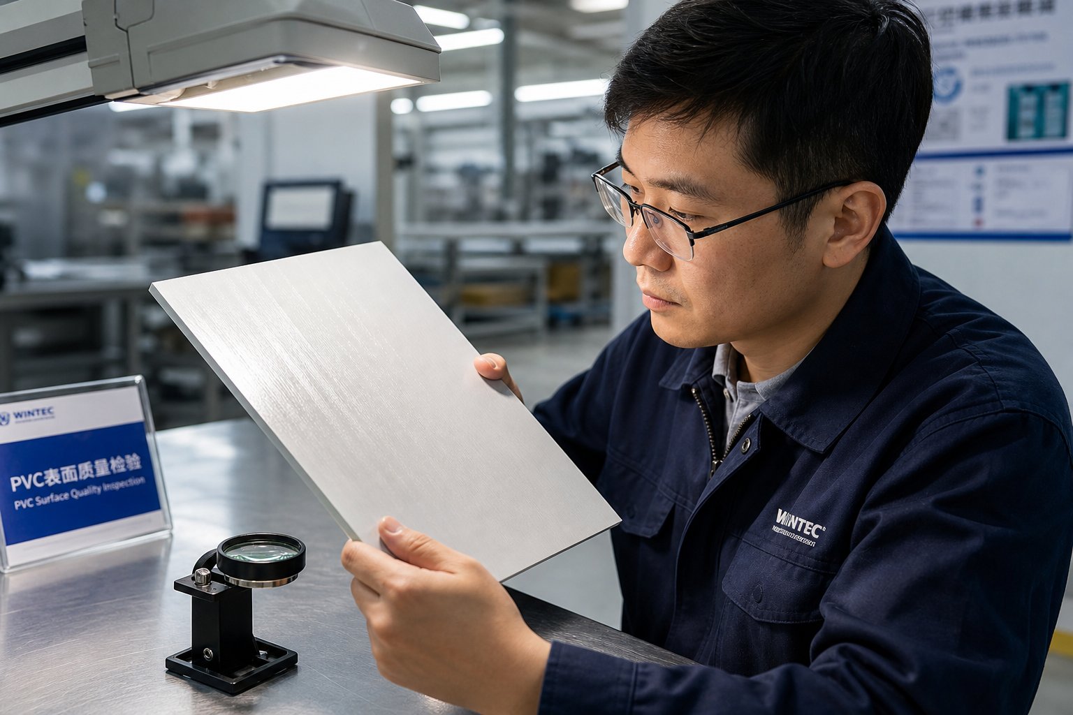 a quality technician inspects a pvc sheet sample for surface defects such as die lines fish eyes and discoloration