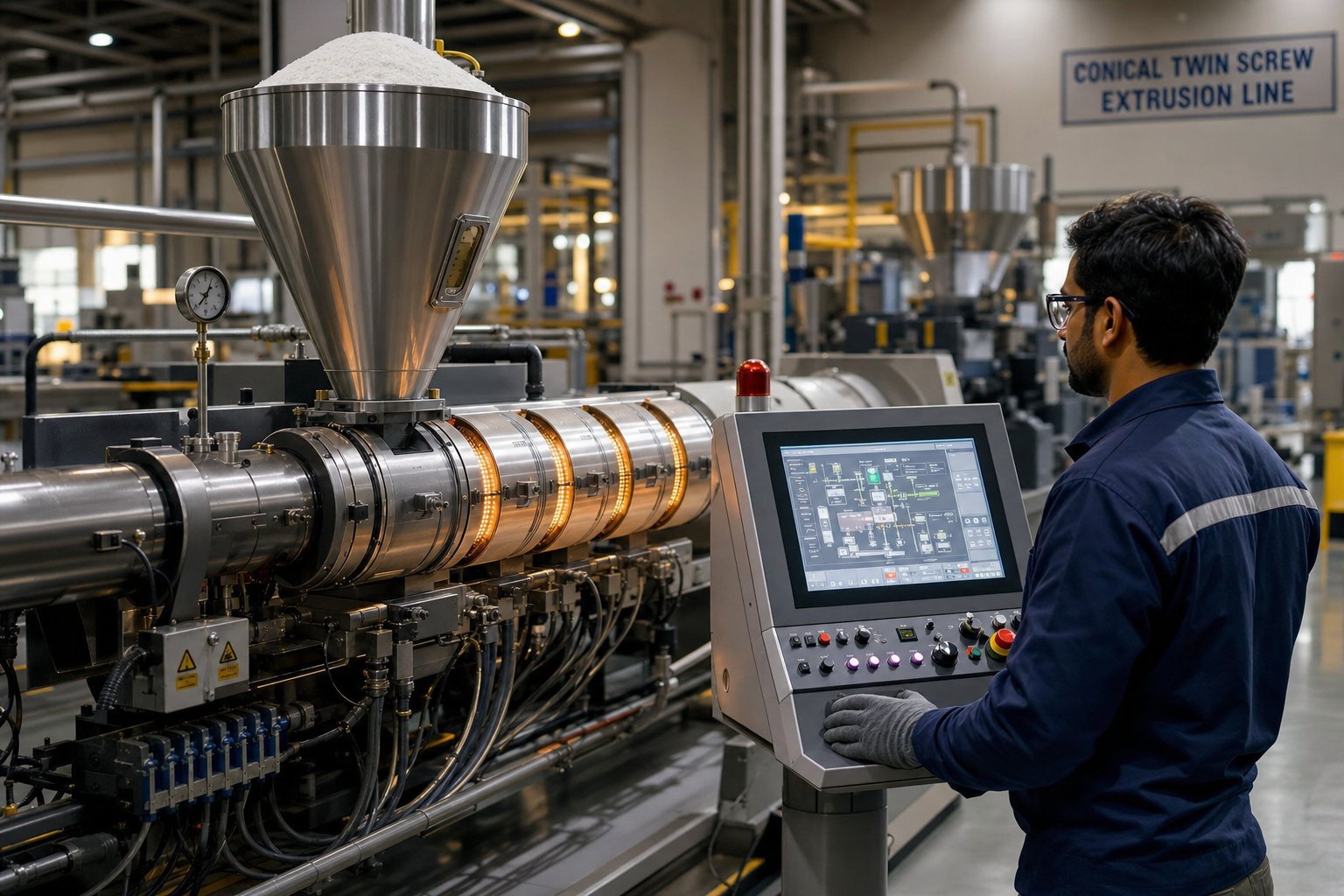 an operator monitors barrel temperatures and screw speed during pvc sheet extrusion startup to maintain safe processing conditions