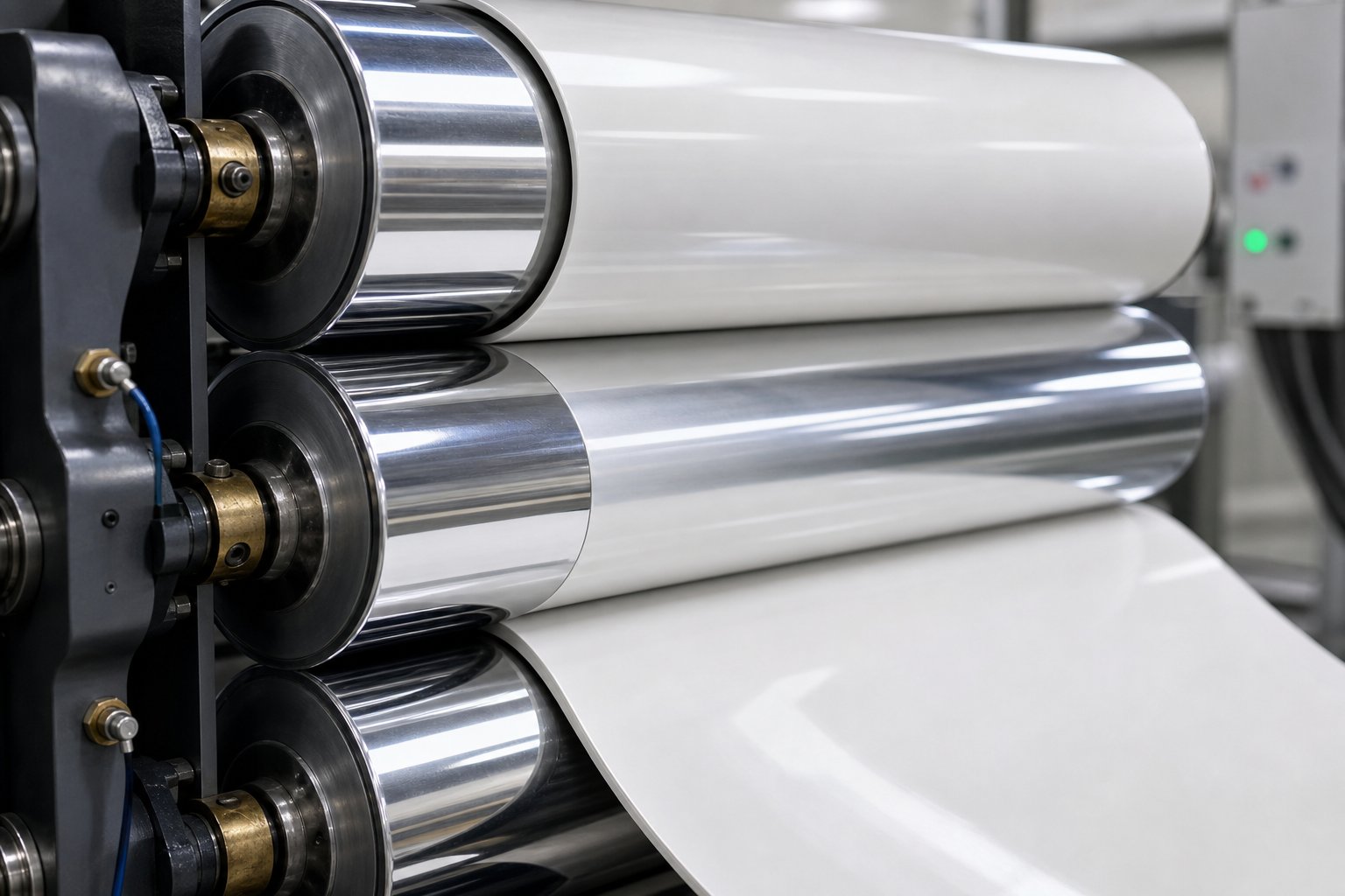 pvc sheet passing through a three roll polishing stack where controlled cooling and surface finish transfer determine final sheet quality
