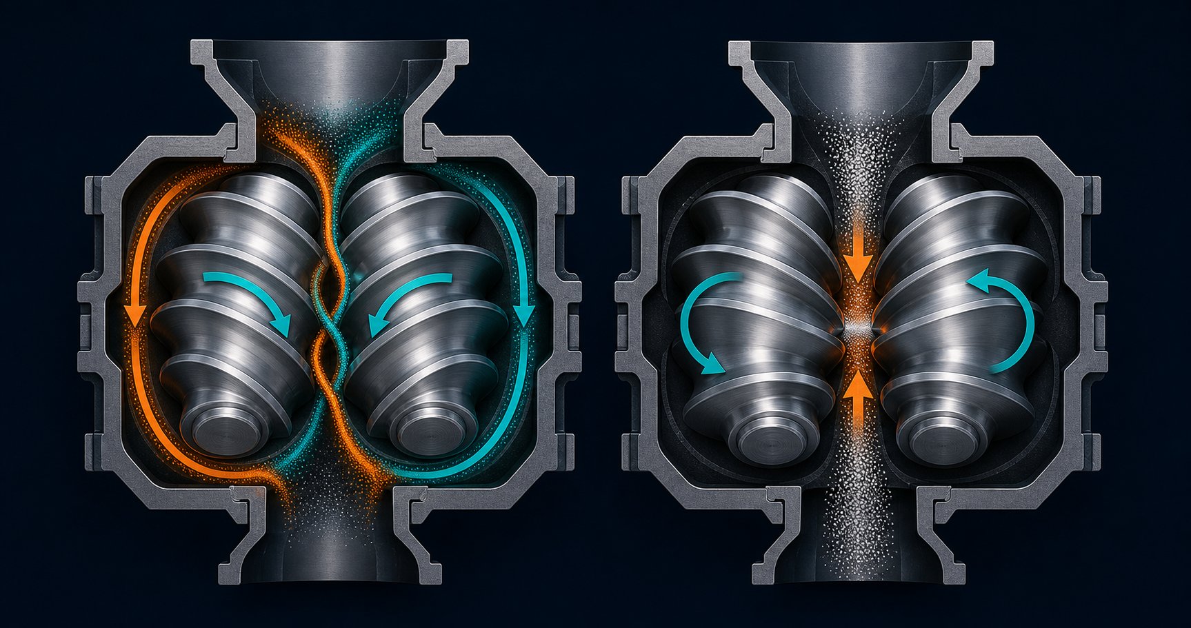 co rotating screws create a figure eight flow path while counter rotating screws produce a calendering compression effect