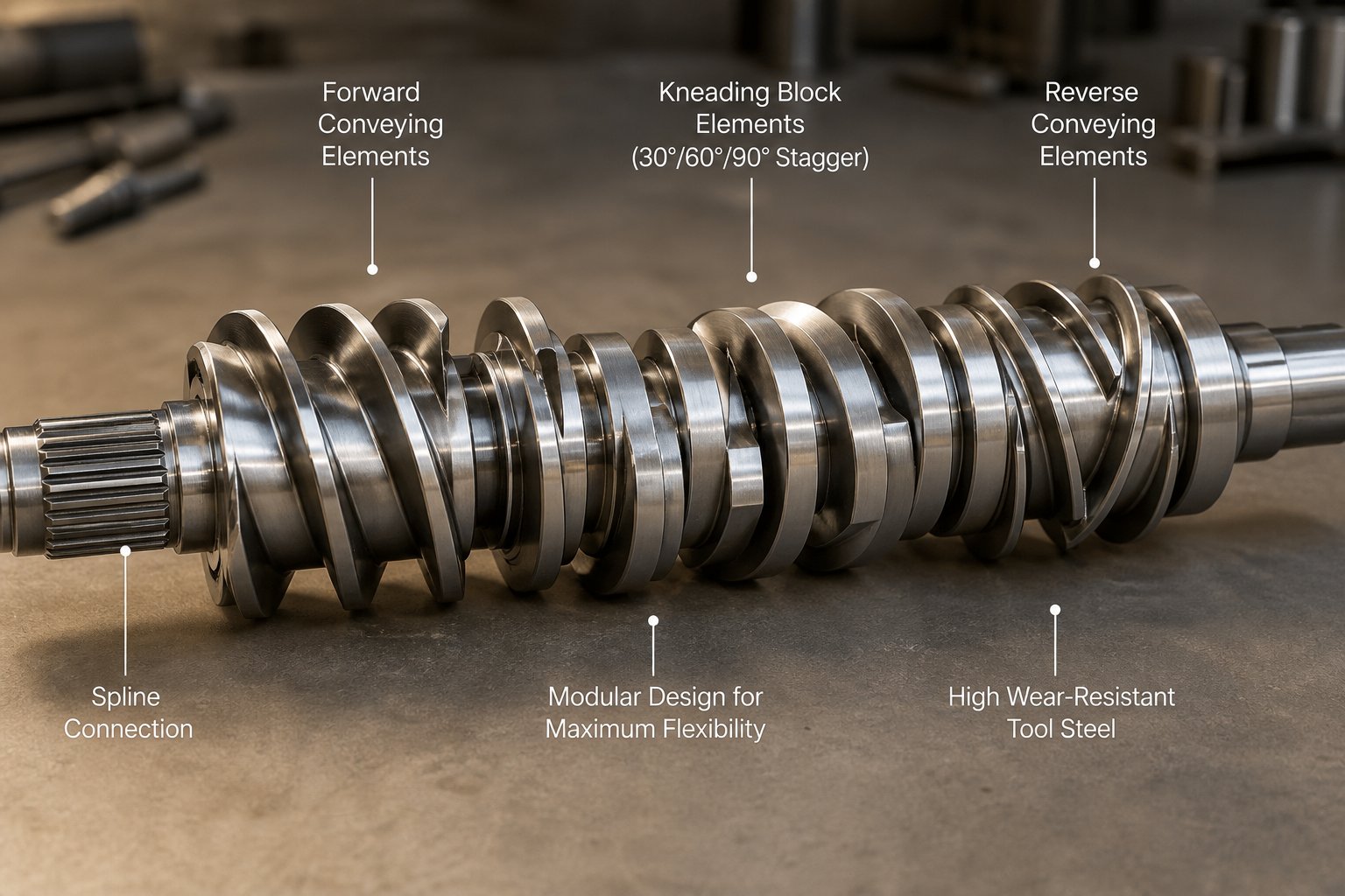 modular screw elements including conveying flights and kneading blocks assembled on a splined shaft