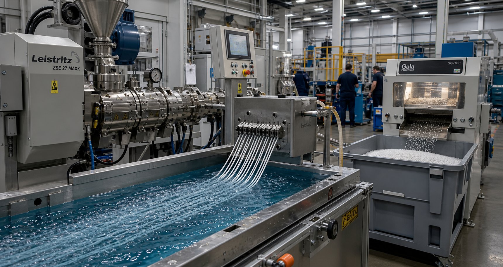 twin screw compounding line producing polymer strands through a water bath and pelletizer system