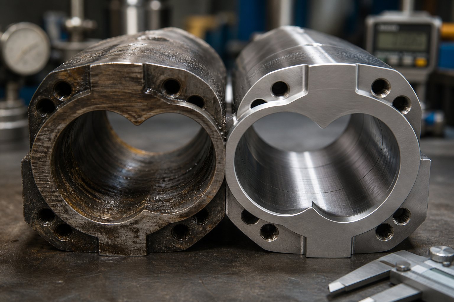 worn twin screw barrel segment compared with a new replacement barrel ready for installation