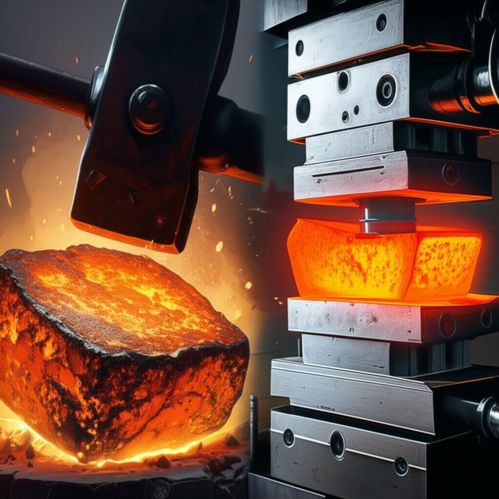 conceptual art showing the contrast between open die and closed die forging methods