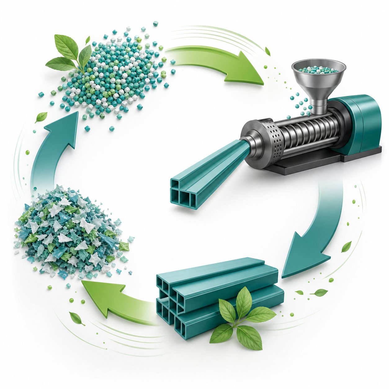 circular economy concept showing plastic resin moving through extrusion use and regrind recycling