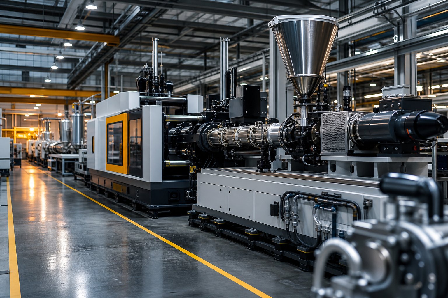 modern plastic processing facility with extrusion and molding equipment on an organized factory floor