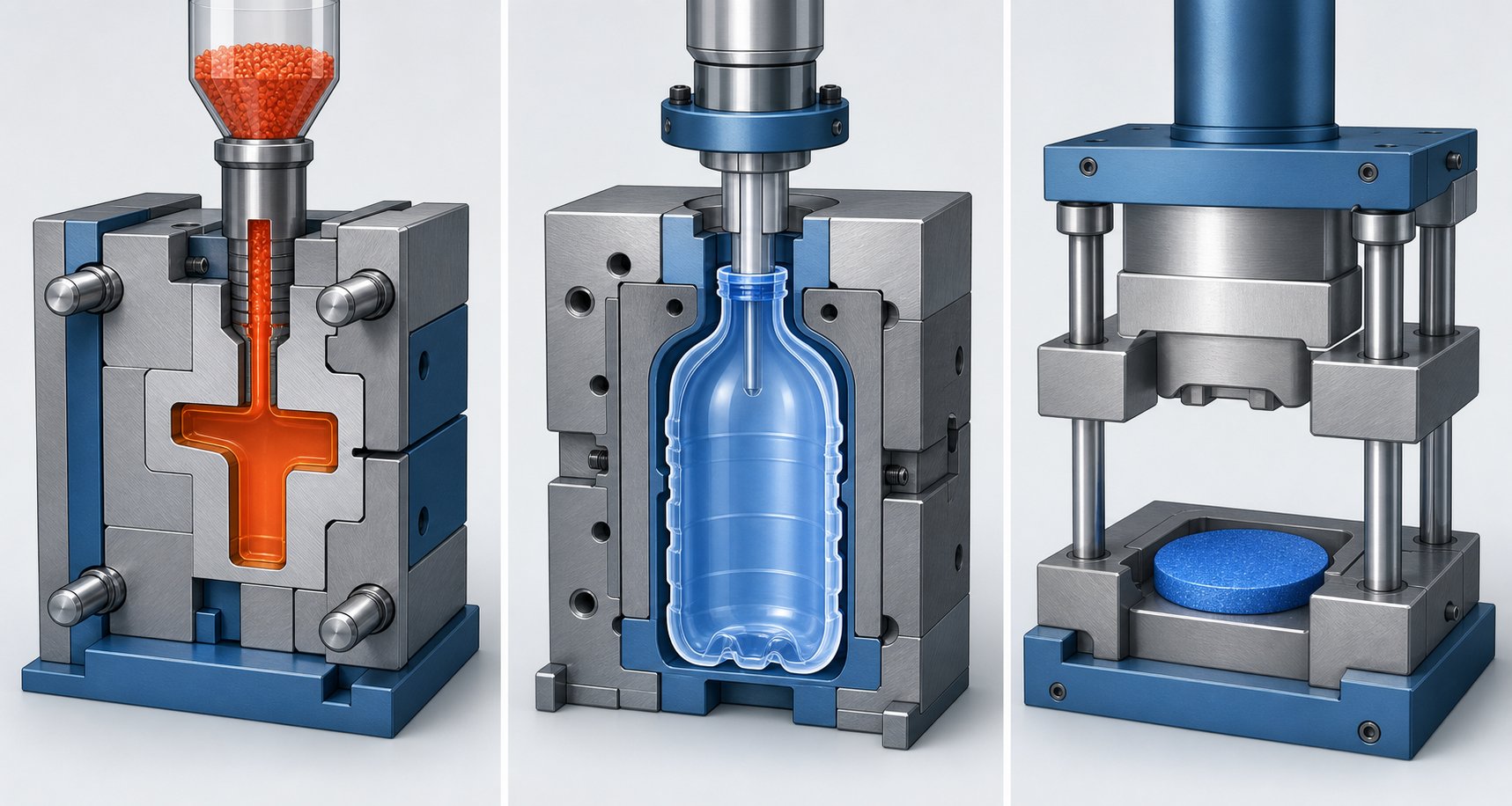 three primary plastic molding methods injection blow and compression molding shown in a side by side comparison