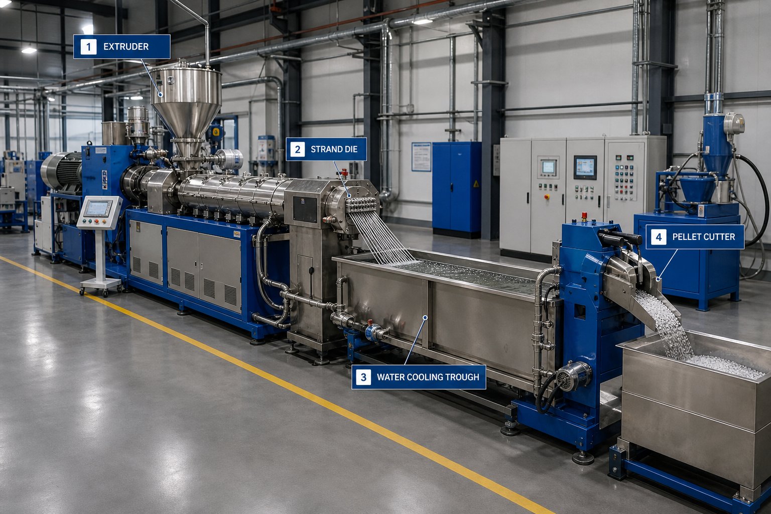 a complete pelletizing line showing the sequential stages from extrusion through cutting and cooling