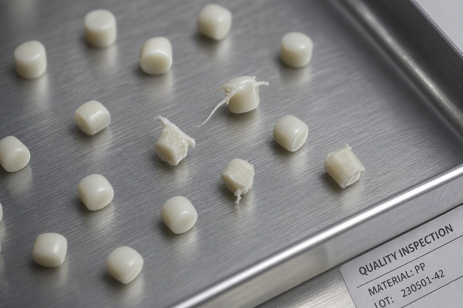 quality inspection of plastic pellets highlighting surface defects versus properly formed granules