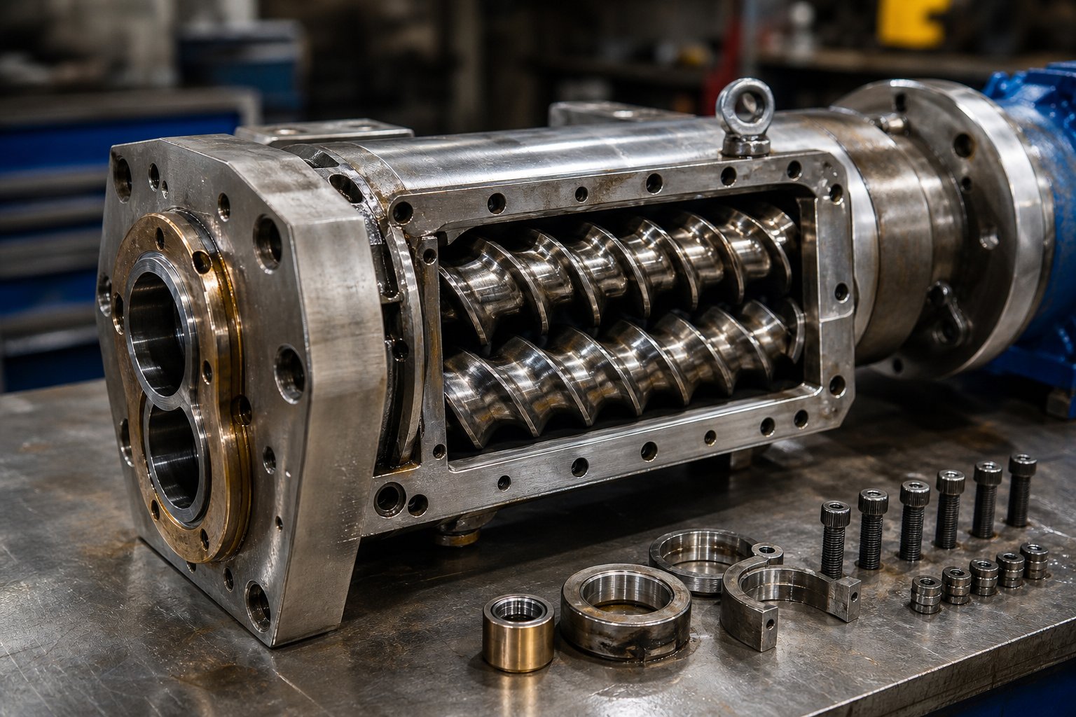 twin screw extruder barrel assembly showing precision engineered screw elements and bimetallic liner