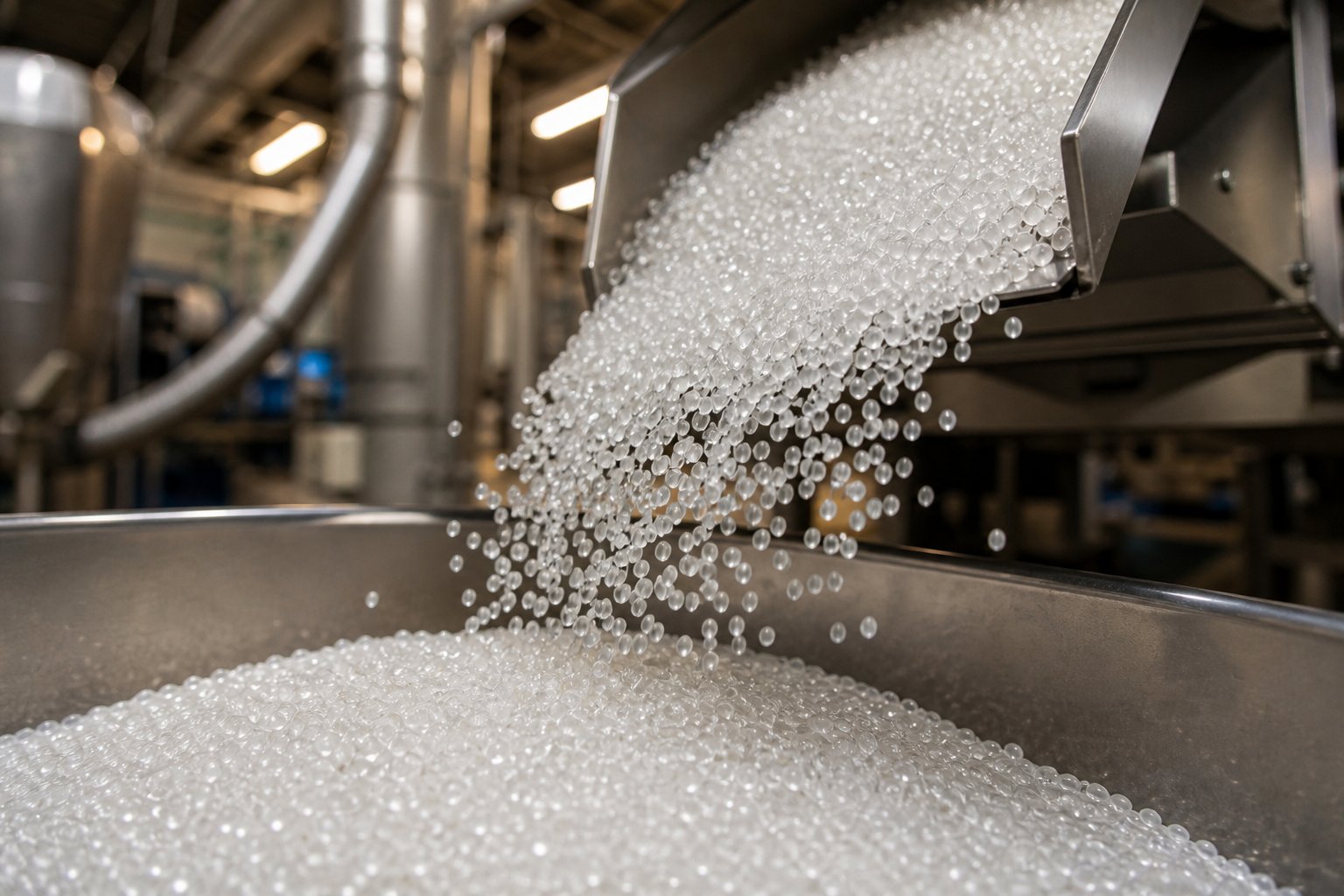uniform plastic pellets produced by an industrial pelletizing line ready for downstream manufacturing