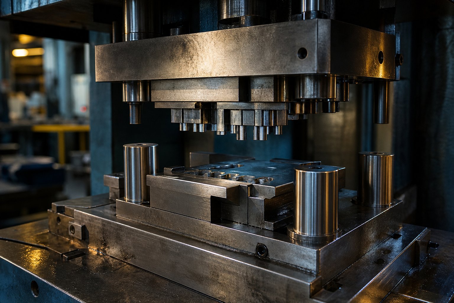 a precision stamping die mounted in a press showing the upper punch and lower die block ready for production