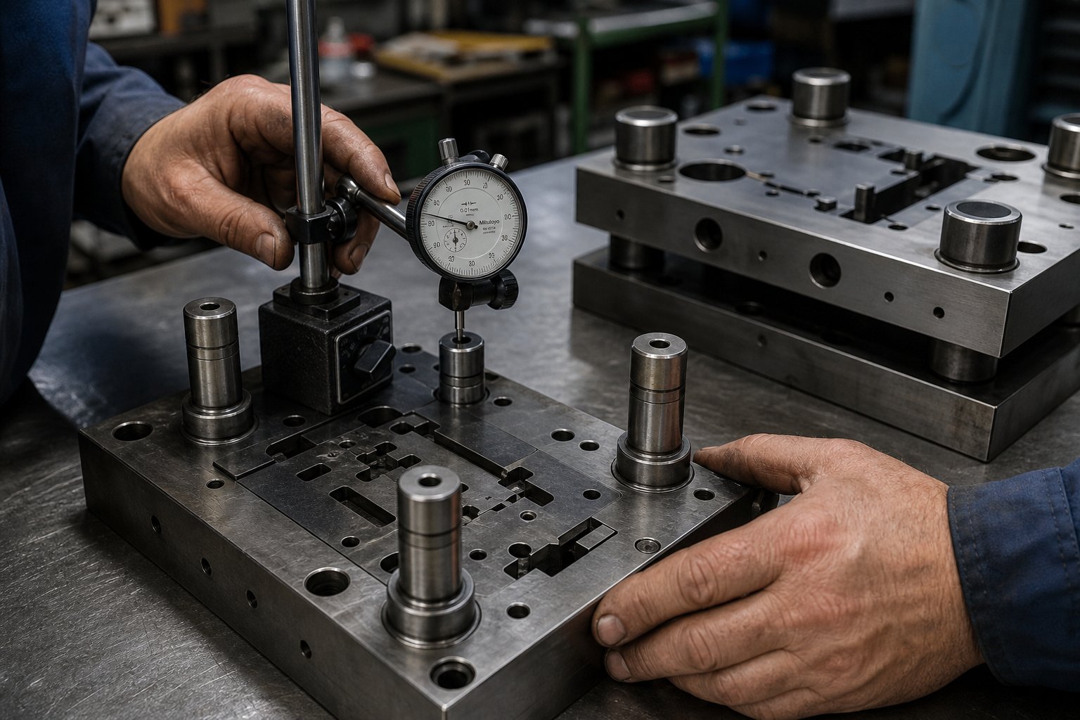 verifying guide pin perpendicularity with a dial indicator during stamping die assembly