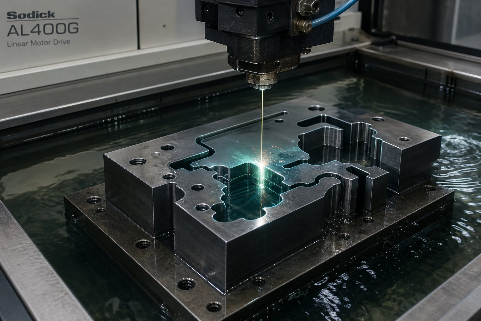 wire edm cutting a precision die profile through hardened tool steel with micron level accuracy
