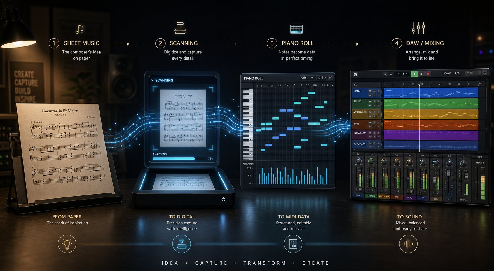 the complete ai sheet music workflow connects scanning midi extraction creative generation and daw production into a seamless creative pipeline
