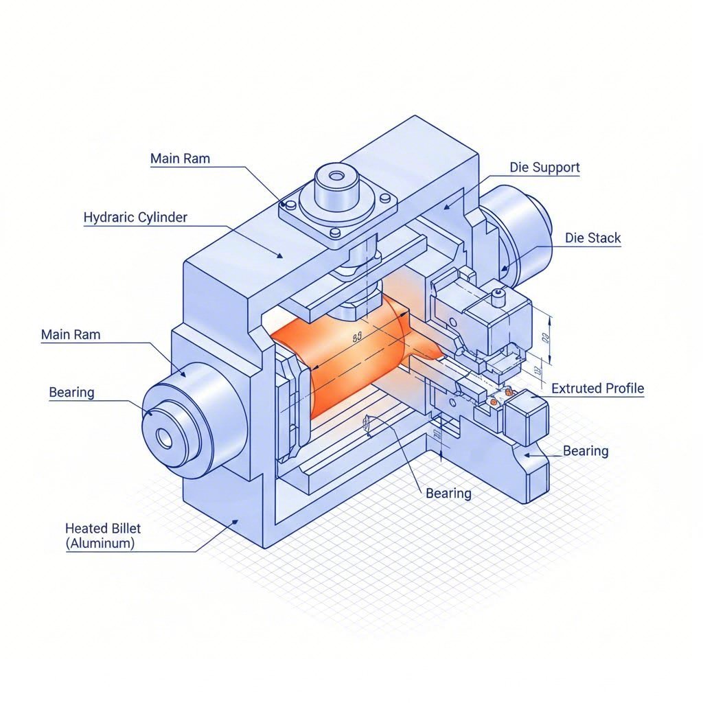 cross section view of an aluminum extrusion press forcing metal through a die
