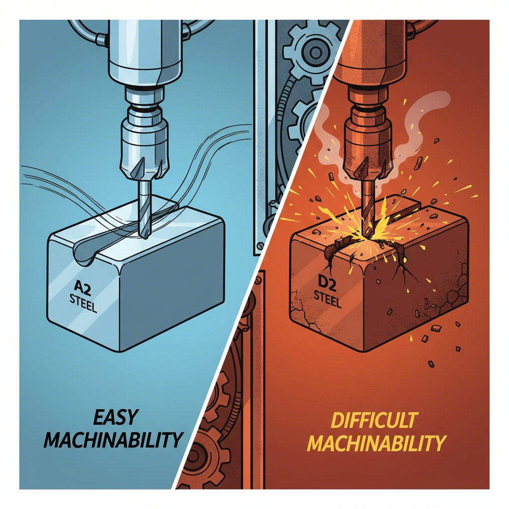 an illustration comparing the superior machinability of a2 steel to the more challenging d2 steel