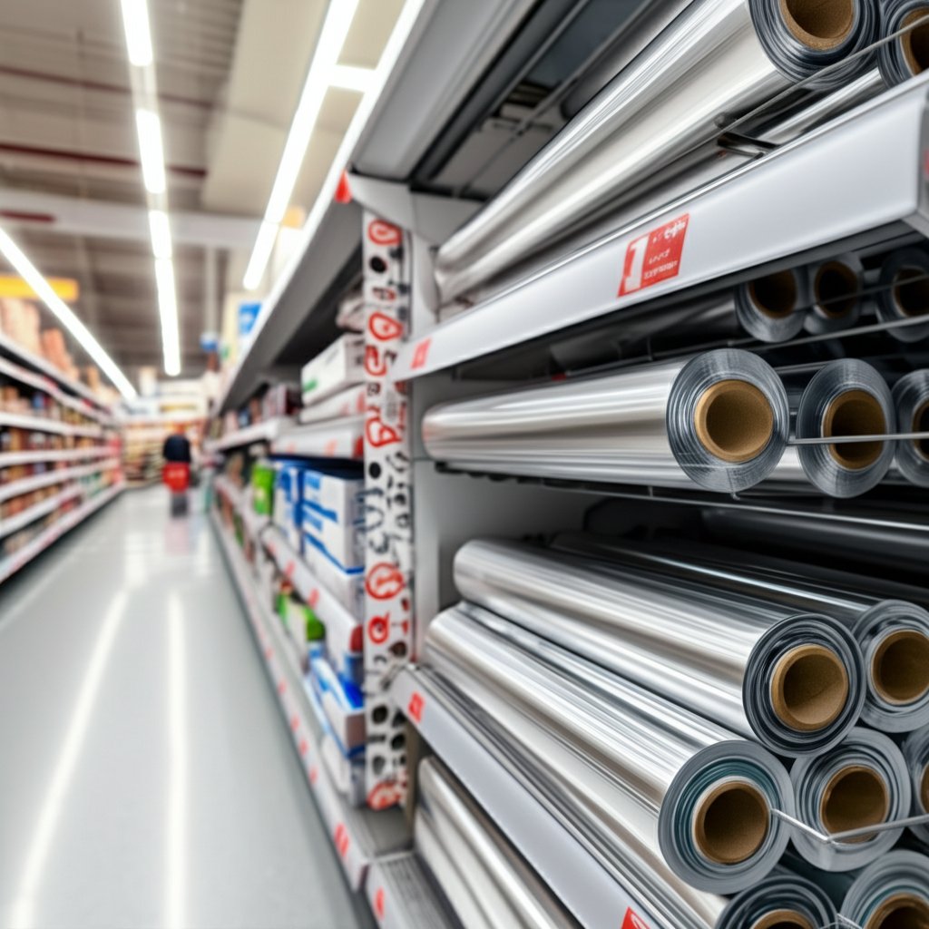 supermarket shelf displaying aluminum foil and aluminium foil product labels